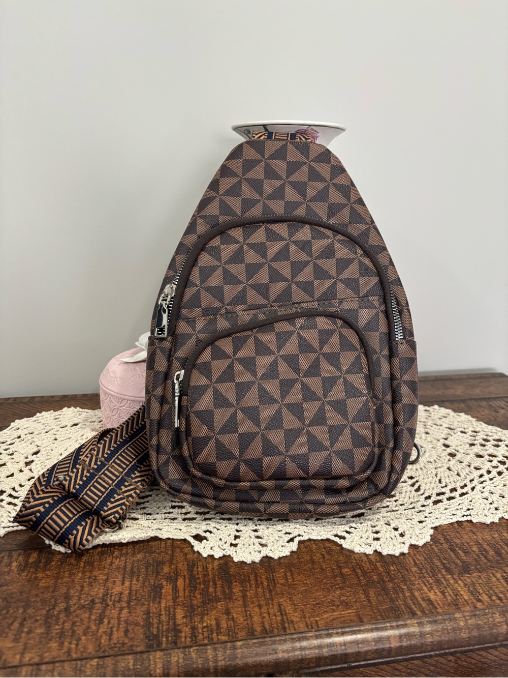 Geometric Brown Sling Backpack